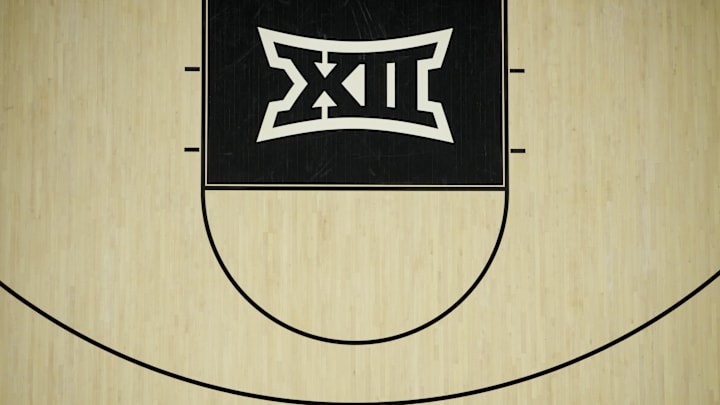 Nov 10, 2023; Cincinnati, Ohio, USA;  The Big 12 Conference logo is seen on the court during the Cincinnati game