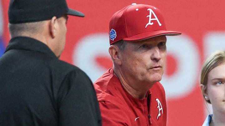 Arkansas Razorbacks coach before game against the Texas Tech Red Raiders at Globe Life Field in Arlington, Texas. Arkansas Razorbacks coach before game against the Texas Tech Red Raiders at Globe Life Field in Arlington, Texas.