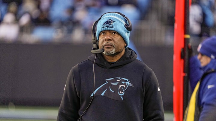 Dec 24, 2022; Charlotte, North Carolina, USA; Carolina Panthers head coach Steve Wilks watches his offense during the second half against the Detroit Lions at Bank of America Stadium. Mandatory Credit: Jim Dedmon-Imagn Images