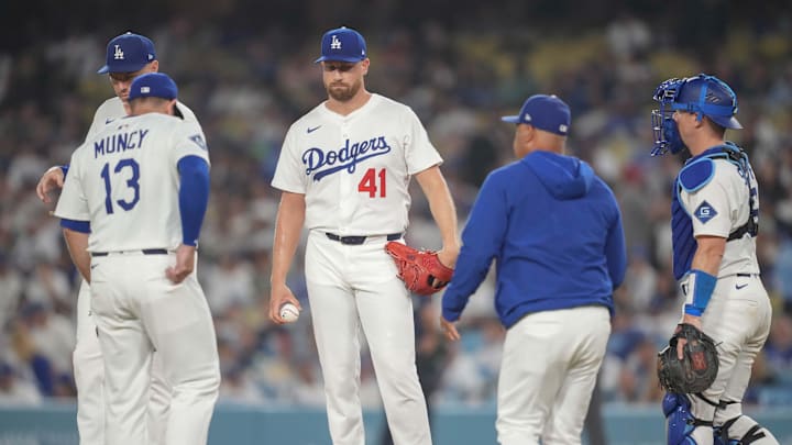 Aug 4, 2025; Los Angeles, California, USA; Los Angeles Dodgers manager Dave Roberts (30) relieves Los Angeles Dodgers pitcher Brock Stewart (41) in the ninth inning during an MLB game against the St. Louis Cardinals at Dodger Stadium. Mandatory Credit: Kirby Lee-Imagn Images Aug 4, 2025; Los Angeles, California, USA; Los Angeles Dodgers manager Dave Roberts (30) relieves Los Angeles Dodgers pitcher Brock Stewart (41) in the ninth inning during an MLB game against the St. Louis Cardinals at Dodger Stadium. Mandatory Credit: Kirby Lee-Imagn Images