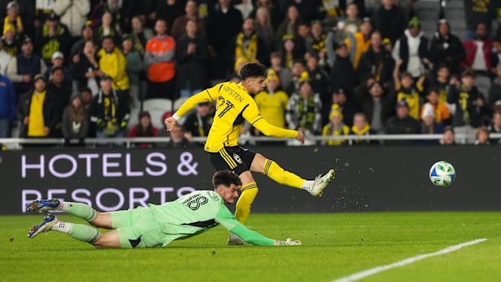Max Arfsten opened the scoring for Columbus Crew by rounding Roman Celentano in Game 2. Max Arfsten opened the scoring for Columbus Crew by rounding Roman Celentano in Game 2.