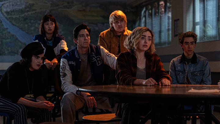 L-R: Sarah Yarkin as Rhonda, Ci Hang Ma as Quinn, Milo Manheim as Wally Clark, Miles Elliot as Yuri, Peyton List as Maddie Nears, and Nick Pugliese as Charley in School Spirits, episode 7, season 2, streaming on Paramount+, 2025