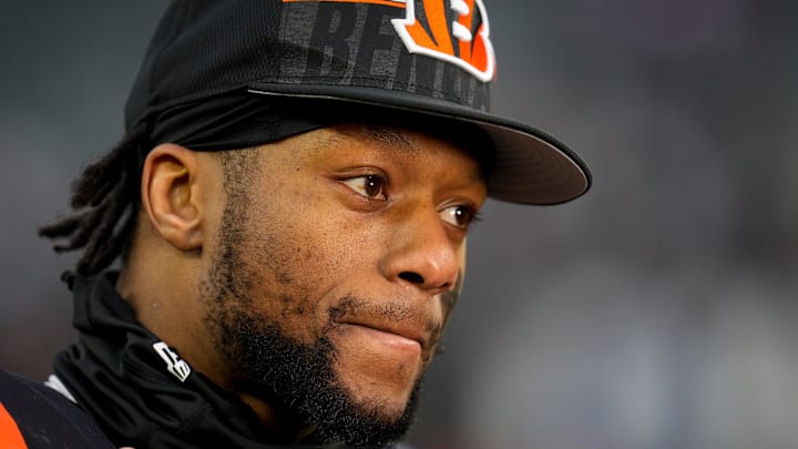 Cincinnati Bengals running back Joe Mixon (28) does a post game interview for broadcast after the
