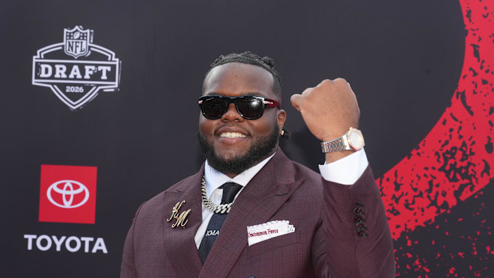 Apr 23, 2026; Pittsburgh, PA, USA; Ohio State Buckeyes defensive tackle Kayden McDonald poses on the red carpet before the 2026 NFL Draft at Point State Park. Mandatory Credit: Kirby Lee-Imagn Images