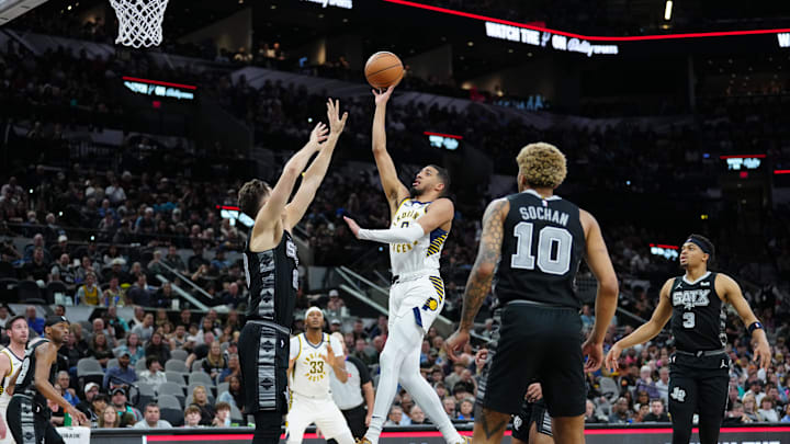 Mar 3, 2024; San Antonio, Texas, USA; Indiana Pacers guard Tyrese Haliburton (0) shoots over San