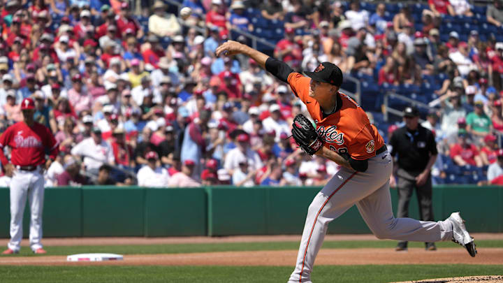 Mar 9, 2023; Clearwater, Florida, USA; Baltimore Orioles starting pitcher Tyler Wells (68) throws a pitch against the New York Yankees
