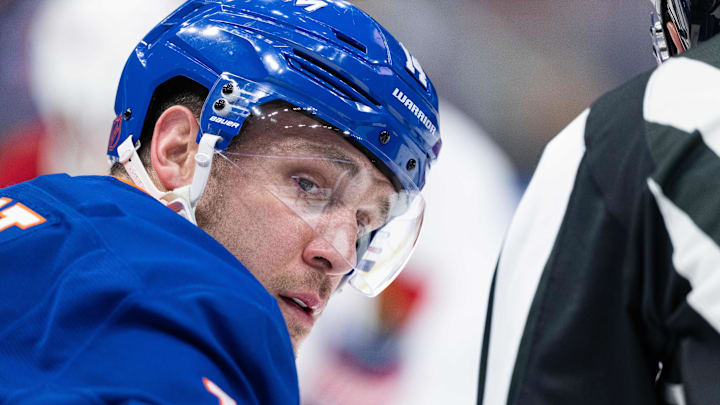 Apr 12, 2026; Elmont, New York, USA; New York Islanders center Bo Horvat (14) before a face-off in the first period against the Montréal Canadiens at UBS Arena. Mandatory Credit: Alexander Wohl-Imagn Images