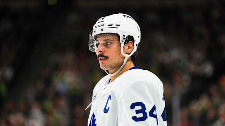 Nov 3, 2024; Saint Paul, Minnesota, USA; Toronto Maple Leafs center Auston Matthews (34) looks on during the third period against the Minnesota Wild at Xcel Energy Center. Mandatory Credit: Brace Hemmelgarn-Imagn Images