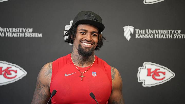 Jun 9, 2026; Kansas City, MO, USA; Kansas City Chiefs tackle Josh Simmons (71) speaks to media members during a short press conference after the Kansas City Chiefs mandatory mini-camp. Mandatory Credit: Denny Medley-Imagn Images