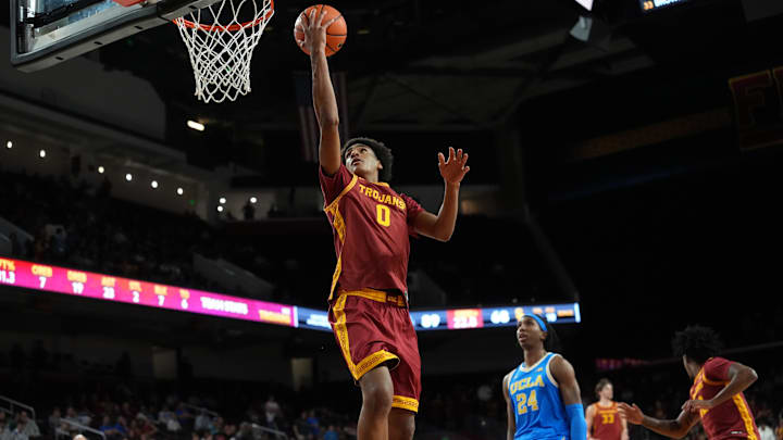 Mar 7, 2026; Los Angeles, California, USA; Southern California Trojans guard Alijah Arenas (0) shoots the ball against the UCLA Bruins in the second half at the Galen Center. Mandatory Credit: Kirby Lee-Imagn Images