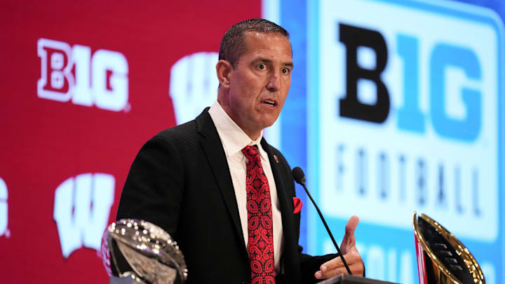 Jul 23, 2025; Las Vegas, NV, USA; Wisconsin head coach Luke Fickell speaks to the media during the Big Ten NCAA college football media days at Mandalay Bay Resort. Mandatory Credit: Lucas Peltier-Imagn Images