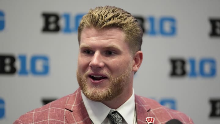 Jul 23, 2025; Las Vegas, NV, USA; Wisconsin offensive lineman Jake Renfro speaks to the media during the Big Ten NCAA college football media days at Mandalay Bay Resort. Mandatory Credit: Lucas Peltier-Imagn Images