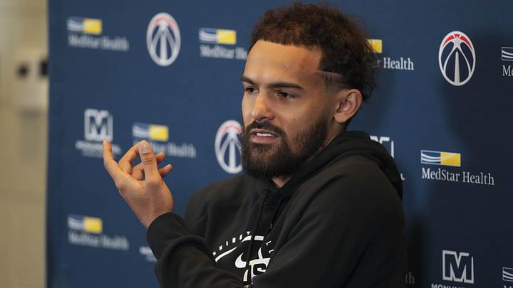 Feb 24, 2026; Atlanta, Georgia, USA; Washington Wizards guard Trae Young (3) meets with the media during his first return to play the Atlanta Hawks at State Farm Arena. Mandatory Credit: Dale Zanine-Imagn Images Feb 24, 2026; Atlanta, Georgia, USA; Washington Wizards guard Trae Young (3) meets with the media during his first return to play the Atlanta Hawks at State Farm Arena. Mandatory Credit: Dale Zanine-Imagn Images