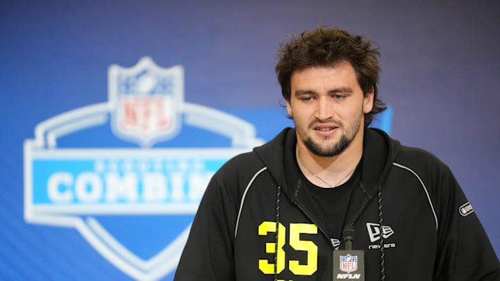 Feb 25, 2026; Indianapolis, IN, USA; Ohio State defensive lineman Caden Curry (DL35) speaks during the NFL Scouting Combine at the Indiana Convention Center. Mandatory Credit: Kirby Lee-Imagn Images