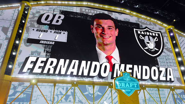 Apr 23, 2026; Pittsburgh, PA, USA; Indiana Hoosiers quarterback Fernando Mendoza is selected by the Las Vegas Raiders as the number one pick during the 2026 NFL Draft at Acrisure Stadium. Mandatory Credit: Kirby Lee-Imagn Images