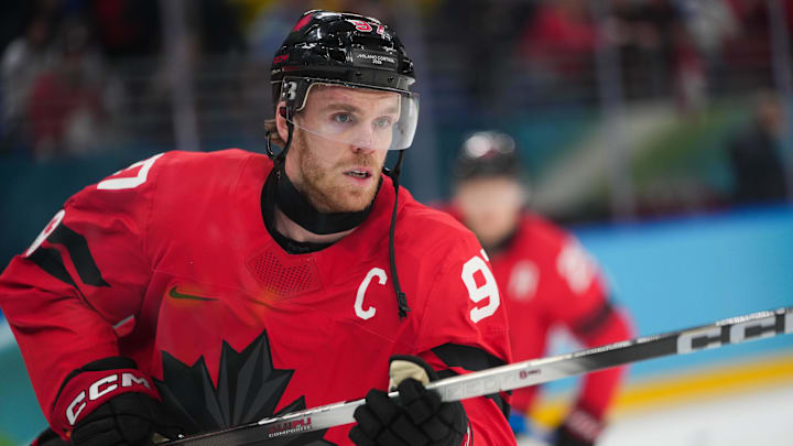 Connor McDavid (97) of Canada warms up at Milano Santagiulia Ice Hockey Arena. Mandatory Credit: James Lang-Imagn Images Connor McDavid (97) of Canada warms up at Milano Santagiulia Ice Hockey Arena. Mandatory Credit: James Lang-Imagn Images