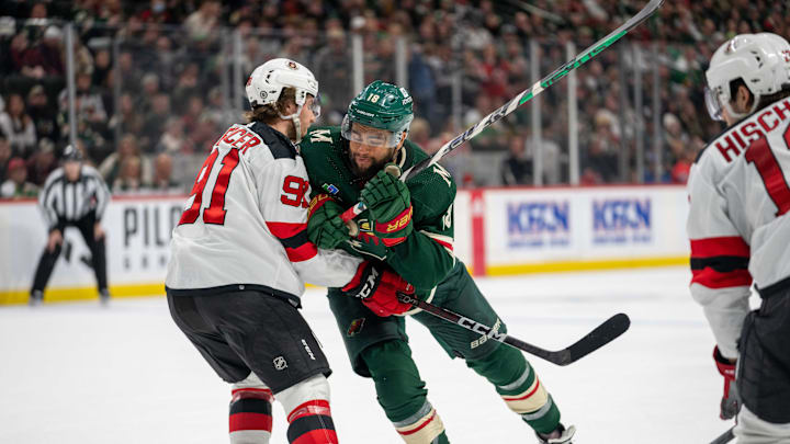 Feb 11, 2023; Saint Paul, Minnesota, USA; Minnesota Wild left wing Jordan Greenway (18) pushes New