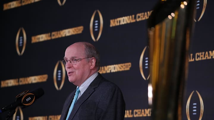 Jan 9, 2024; Houston, TX, USA; College Football Playoff executive director Bill Hancock speaks during the CFP National Championship Host Committee press conference at JW Marriot Houston by the Galleria. Mandatory Credit: Kirby Lee-Imagn Images