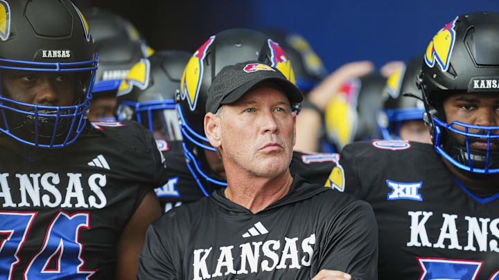 Sep 13, 2024; Kansas City, Kansas, USA; Kansas Jayhawks head coach Lance Leipold gets ready to lead the team onto the field prior to a game against the UNLV Rebels at Children's Mercy Park. Mandatory Credit: Jay Biggerstaff-Imagn Images