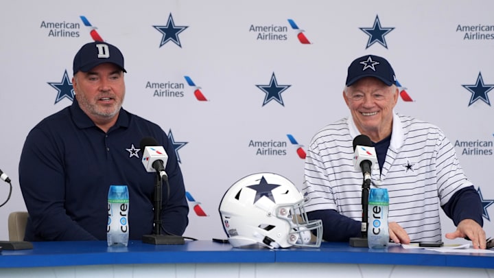 Jul 26, 2022; Oxnard, CA, USA; Dallas Cowboys coach Mike McCarthy (left) and owner Jerry Jones at training camp press conference at the River Ridge Fields.  Mandatory Credit: Kirby Lee-Imagn Images