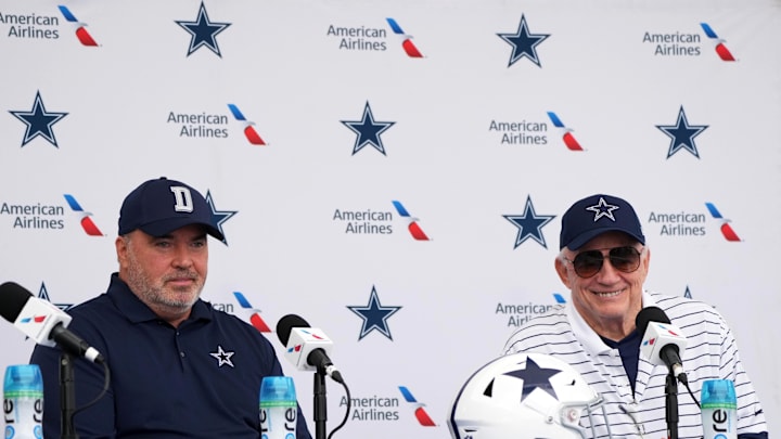 Jul 26, 2022; Oxnard, CA, USA; Dallas Cowboys coach Mike McCarthy (left) and owner Jerry Jones at training camp press conference at the River Ridge Fields.  Mandatory Credit: Kirby Lee-Imagn Images