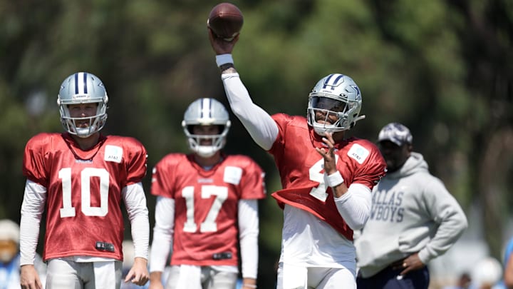 Aug 18, 2022; Costa Mesa, CA, USA; Dallas Cowboys quarterback Dak Prescott (4) throws the ball as quarterbacks Cooper Rush (10) and Ben DiNucci (17) watch during joint practice against the Los Angeles Chargers at Jack Hammett Sports Complex. Mandatory Credit: Kirby Lee-Imagn Images