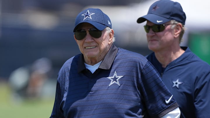Jul 22, 2025; Oxnard, CA, USA; Dallas Cowboys owner Jerry Jones and son Jerry Jones Jr. during training camp at the River Ridge Fields. Mandatory Credit: Kirby Lee-Imagn Images