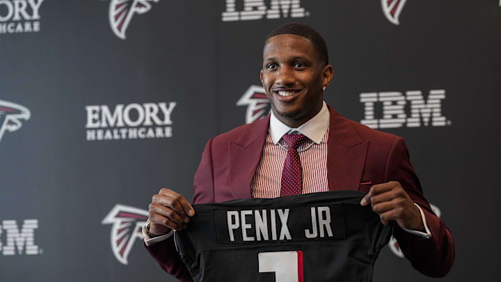 Apr 26, 2024; Flowery Branch, GA, USA; Atlanta Falcons first round draft pick quarterback Michael