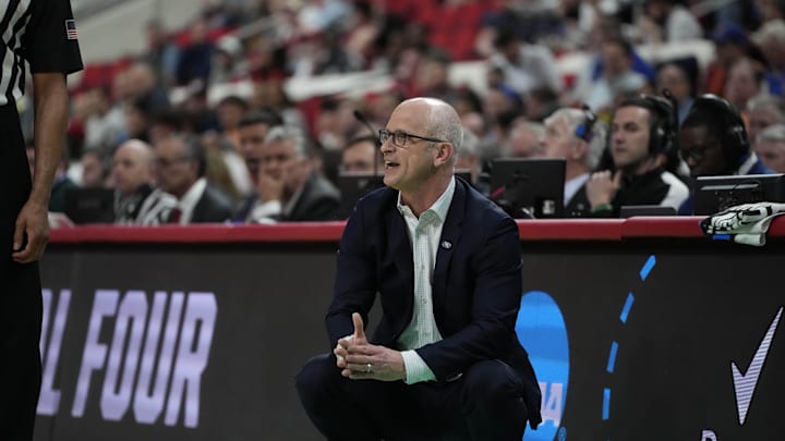 Mar 21, 2025; Raleigh, NC, USA;  Connecticut Huskies head coach Dan Hurley reacts during the second half against the Oklahoma Sooners at Lenovo Center. Mandatory Credit: Bob Donnan-Imagn Images