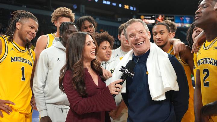 Michigan Wolverines head coach Dusty May is interviewed after a 2025 Players Era Festival group play game against the Auburn Tigers at Michelob ULTRA Arena.