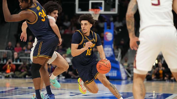 Mar 11, 2026; Charlotte, NC, USA; California Golden Bears guard Justin Pippen (10) with the ball in the first half at Spectrum Center. Mandatory Credit: Bob Donnan-Imagn Images