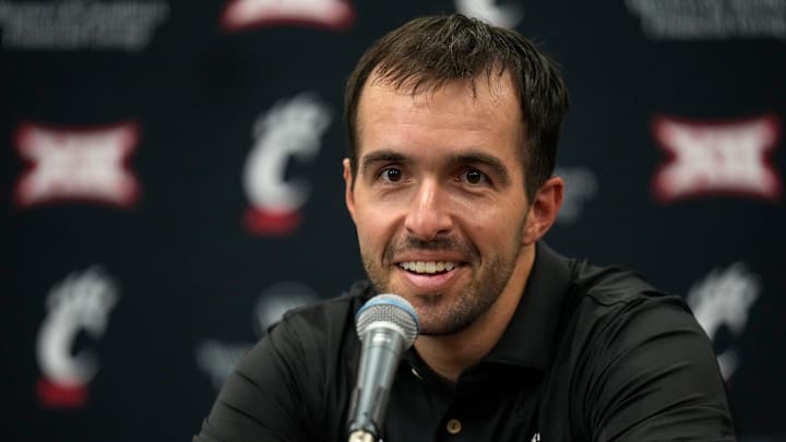 New University of Cincinnati men’s basketball general manager Corey Evans speaks during a press conference at the University of Cincinnati on Tuesday, Sept. 16, 2025.
