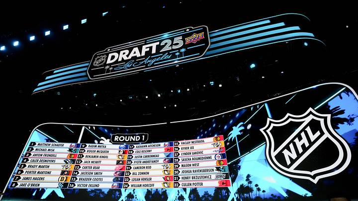 Jun 27, 2025; Los Angeles, California, USA; The draft board is seen following the first round of the 2025 NHL Draft at Peacock Theater. Mandatory Credit: Kirby Lee-Imagn Images Jun 27, 2025; Los Angeles, California, USA; The draft board is seen following the first round of the 2025 NHL Draft at Peacock Theater. Mandatory Credit: Kirby Lee-Imagn Images