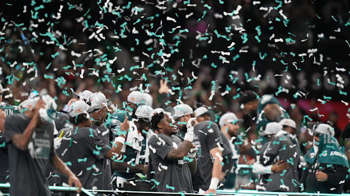 Feb 9, 2025; New Orleans, LA, USA; The Philadelphia Eagles react on stage after defeating the Kansas City Chiefs in Super Bowl LIX at Ceasars Superdome. Mandatory Credit: Kirby Lee-Imagn Images