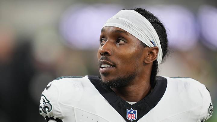 Dec 8, 2025; Inglewood, California, USA; Philadelphia Eagles cornerback Adoree' Jackson (8) looks on before teh game against the Los Angeles Chargers at SoFi Stadium. Mandatory Credit: Kirby Lee-Imagn Images