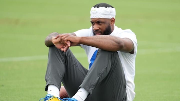 Jun 13, 2023; Costa Mesa, CA, USA; Los Angeles Chargers receiver Mike Williams (81) reacts during