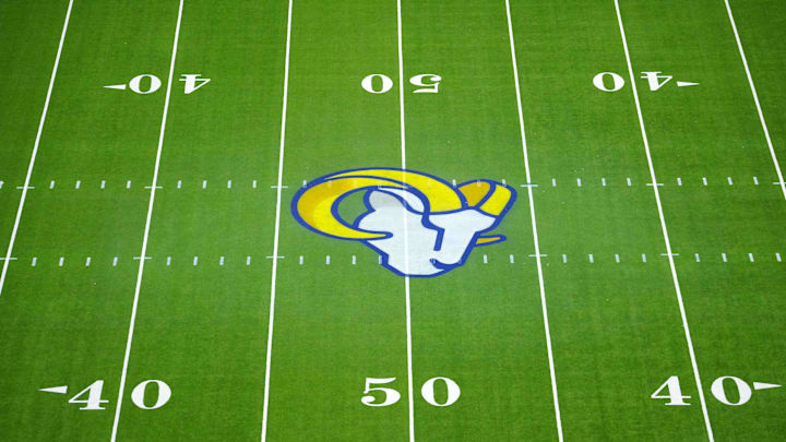 Dec 28, 2024; Inglewood, California, USA; The Los Angeles Rams logo at midfield at SoFi Stadium. 