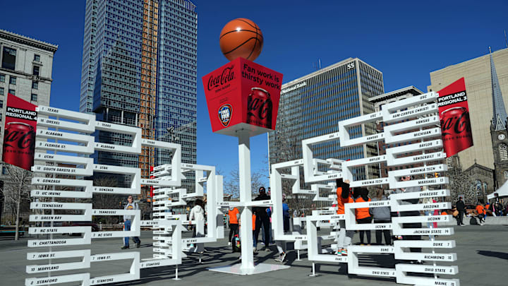 Apr 7, 2024; Cleveland, OH, USA: The 2024 NCAA Tournament Women's March Madness basketball tournament playoff bracket at Public Square.  Mandatory Credit: Kirby Lee-Imagn Images