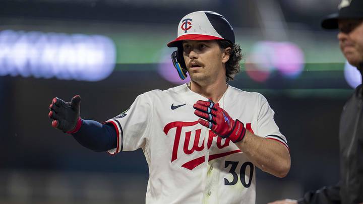 May 18, 2026; Minneapolis, Minnesota, USA; Minnesota Twins center fielder James Outman (30) celebrates hitting a single against the Houston Astros in the fifth inning at Target Field. Mandatory Credit: Jesse Johnson-Imagn Images May 18, 2026; Minneapolis, Minnesota, USA; Minnesota Twins center fielder James Outman (30) celebrates hitting a single against the Houston Astros in the fifth inning at Target Field. Mandatory Credit: Jesse Johnson-Imagn Images