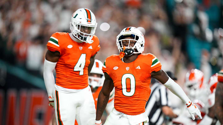 Oct 21, 2023; Miami Gardens, Florida, USA; Miami Hurricanes wide receiver Brashard Smith (0) reacts