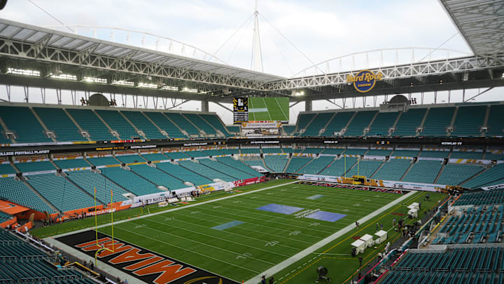 Jan 18, 2026; Miami Gardens, Florida, USA; A general overall view of Hard Rock Stadium, the site of the 2026 CFP Championship between the Miami Hurricanes and the Indiana Hoosiers. Mandatory Credit: Kirby Lee-Imagn Images
