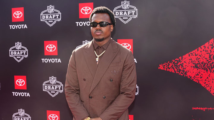 Apr 23, 2026; Pittsburgh, PA, USA; Miami Hurricanes defensive end Rueben Bain Jr. poses on the red carpet before the 2026 NFL Draft at Point State Park. Mandatory Credit: Kirby Lee-Imagn Images