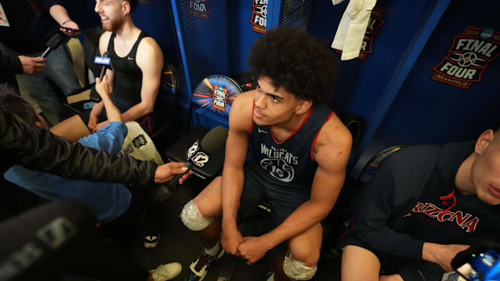 Apr 2, 2026; Indianapolis, IN, USA; Arizona Wildcats forward Koa Peat (10) during open locker room ahead of the Final Four of the men's 2026 NCAA Tournament at Lucas Oil Stadium. Mandatory Credit: Bob Donnan-Imagn Images