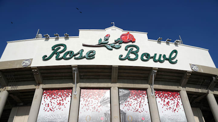 Dec 30, 2024; Pasadena, California, USA; A general overall aerial view of Rose Bowl Stadium facade, the site of the 111th Rose Bowl Game between the Ohio State Buckeyes and the Oregon Ducks. Mandatory Credit: Kirby Lee-Imagn Images Dec 30, 2024; Pasadena, California, USA; A general overall aerial view of Rose Bowl Stadium facade, the site of the 111th Rose Bowl Game between the Ohio State Buckeyes and the Oregon Ducks. Mandatory Credit: Kirby Lee-Imagn Images
