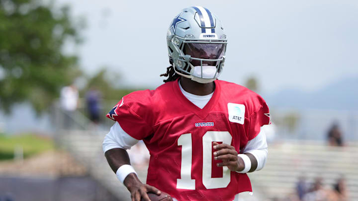Jul 22, 2025; Oxnard, CA, USA; Dallas Cowboys quarterback Joe Milton III (10) carries the ball during training camp at the River Ridge Fields. Mandatory Credit: Kirby Lee-Imagn Images