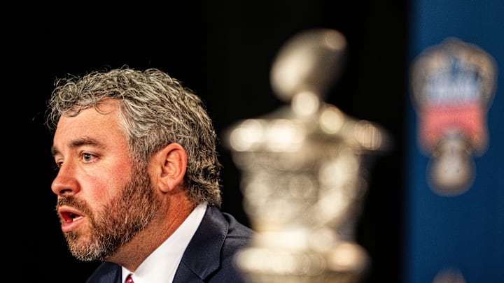 Ole Miss head coach Pete Golding answers a question from the press during a press conference for the Sugar Bowl and College Football Playoff quarterfinals at the Sheraton New Orleans Hotel in New Orleans, La., on Wednesday, Dec. 31, 2025.