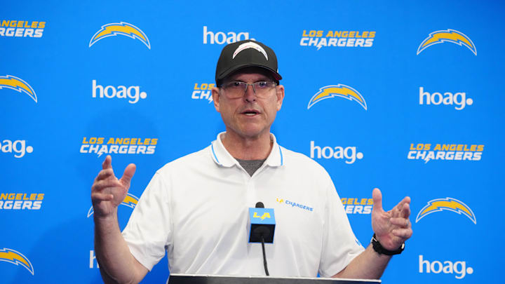 Apr 2, 2024; Costa Mesa, CA, USA; Los Angeles Chargers coach Jim Harbaugh speaks at press conference