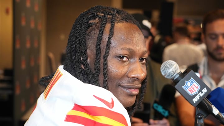 Feb 4, 2025; New Orleans, LA, USA; Kansas City Chiefs receiver Hollywood Brown at a press conference in advance of Super Bowl LIX at New Orleans Marriott. Mandatory Credit: Kirby Lee-Imagn Images
