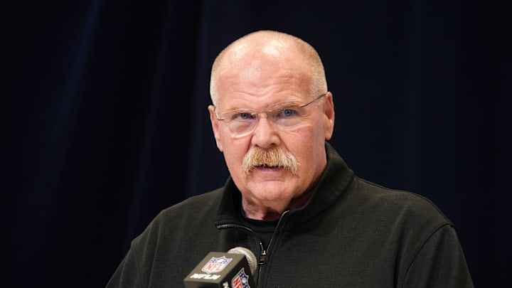 Feb 25, 2025; Indianapolis, IN, USA; Kansas City Chiefs oach Andy Reid speaks during the NFL Scouting Combine at the Indiana Convention Center. Mandatory Credit: Kirby Lee-Imagn Images