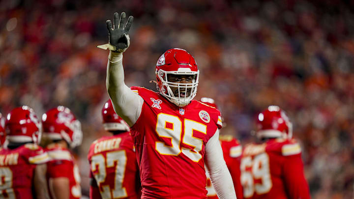 Dec 25, 2025; Kansas City, Missouri, USA; Kansas City Chiefs defensive tackle Chris Jones (95) gestures to teh crowd during the third quarter at GEHA Field at Arrowhead Stadium. Mandatory Credit: Jay Biggerstaff-Imagn Images